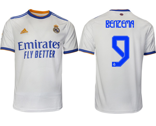 Men's Real Madrid #9 Karim Benzema 2021/22 White Home Soccer Jersey